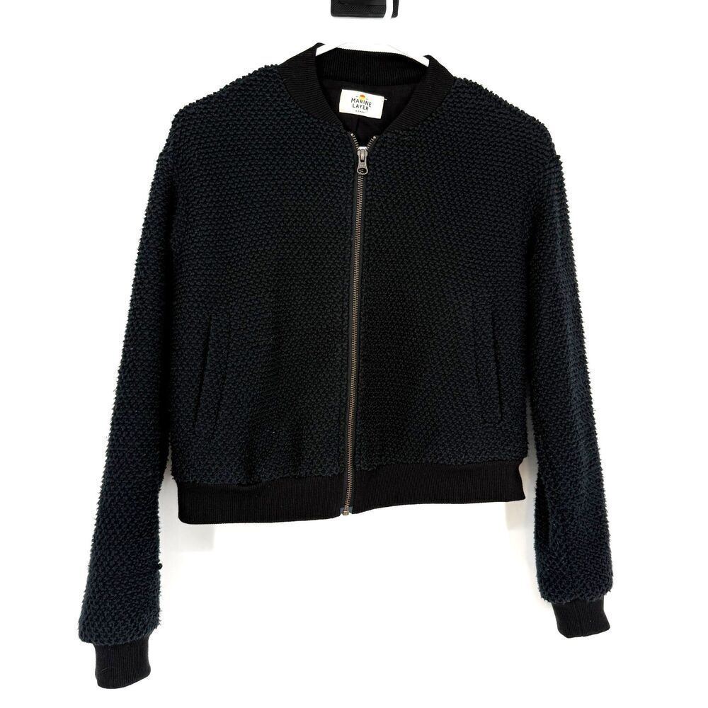 Marine Layer Birdseye Bomber Jacket Black Textured Academia Coastal Size XS